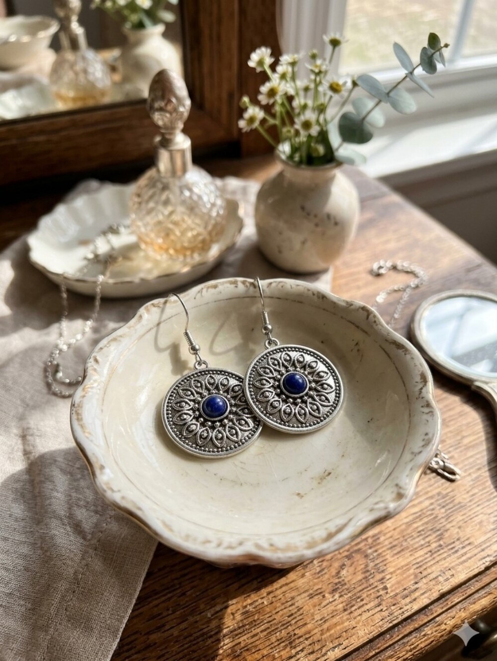 CHARTER CLUB Drop Earrings Silvertone Medallion w/ Blue Cabochon Stones NWT